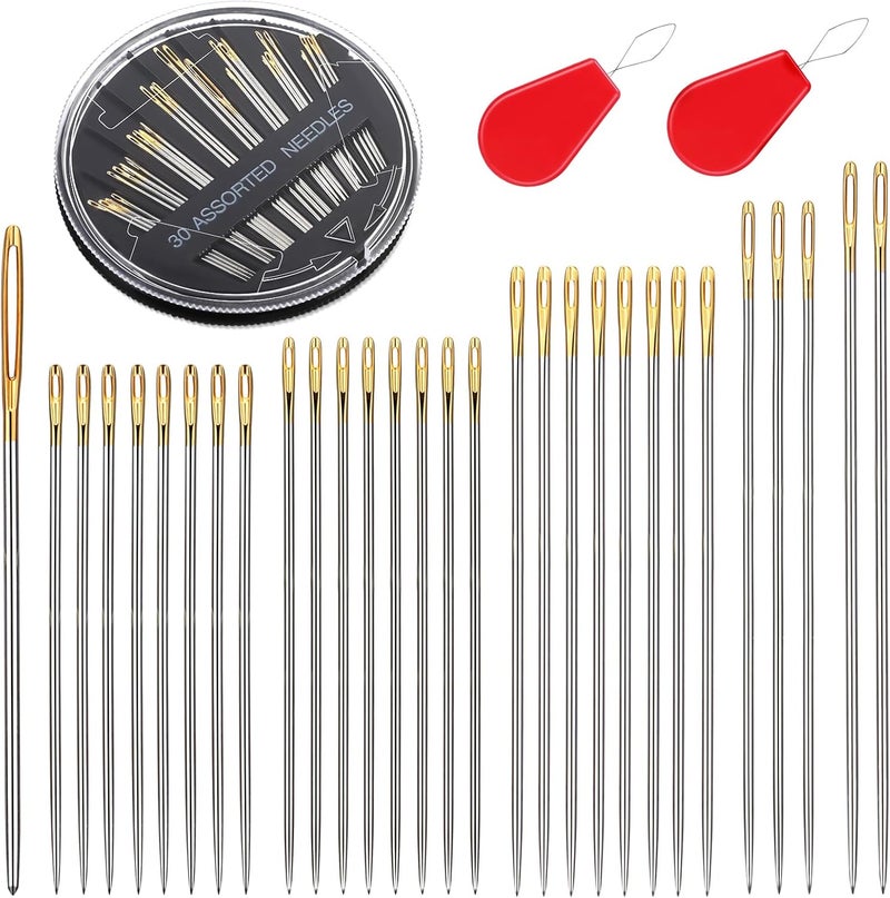 Ftyiwu 30 Pack Hand Sewing Needles, Assorted Embroidery Needles Kit, 6 Sizes Large Eye Sewing Needles with Threaders for DIY Craft Projects, Handsewing, Sewing Repair - Image 1
